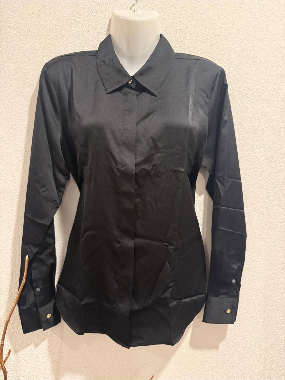 Ann Taylor Black Satin Button-Up Blouse